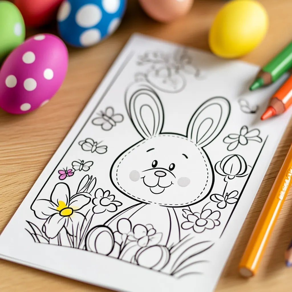 coloring pages of a bunny with eggs and flowers